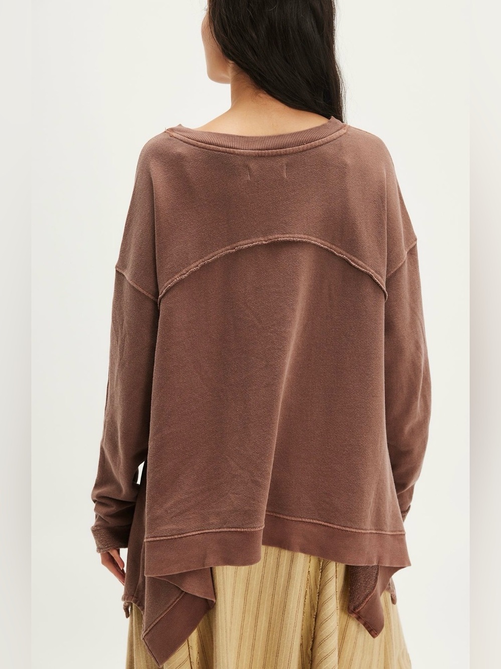 NWT Free People Cascade Sweatshirt Spiked Chocolate Slouchy Raw Hem Boho S - Picture 2 of 10